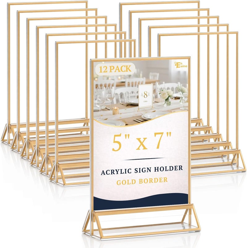 EHWINE 12 Pack Acrylic Sign Holder 5 x 7, Double Sided Gold Picture Frame Stand up Table Top Sign Holders, Clear Display Stand Menu Flyer Holder for Wedding Party (Provide Non-slip Mats) - Image 1